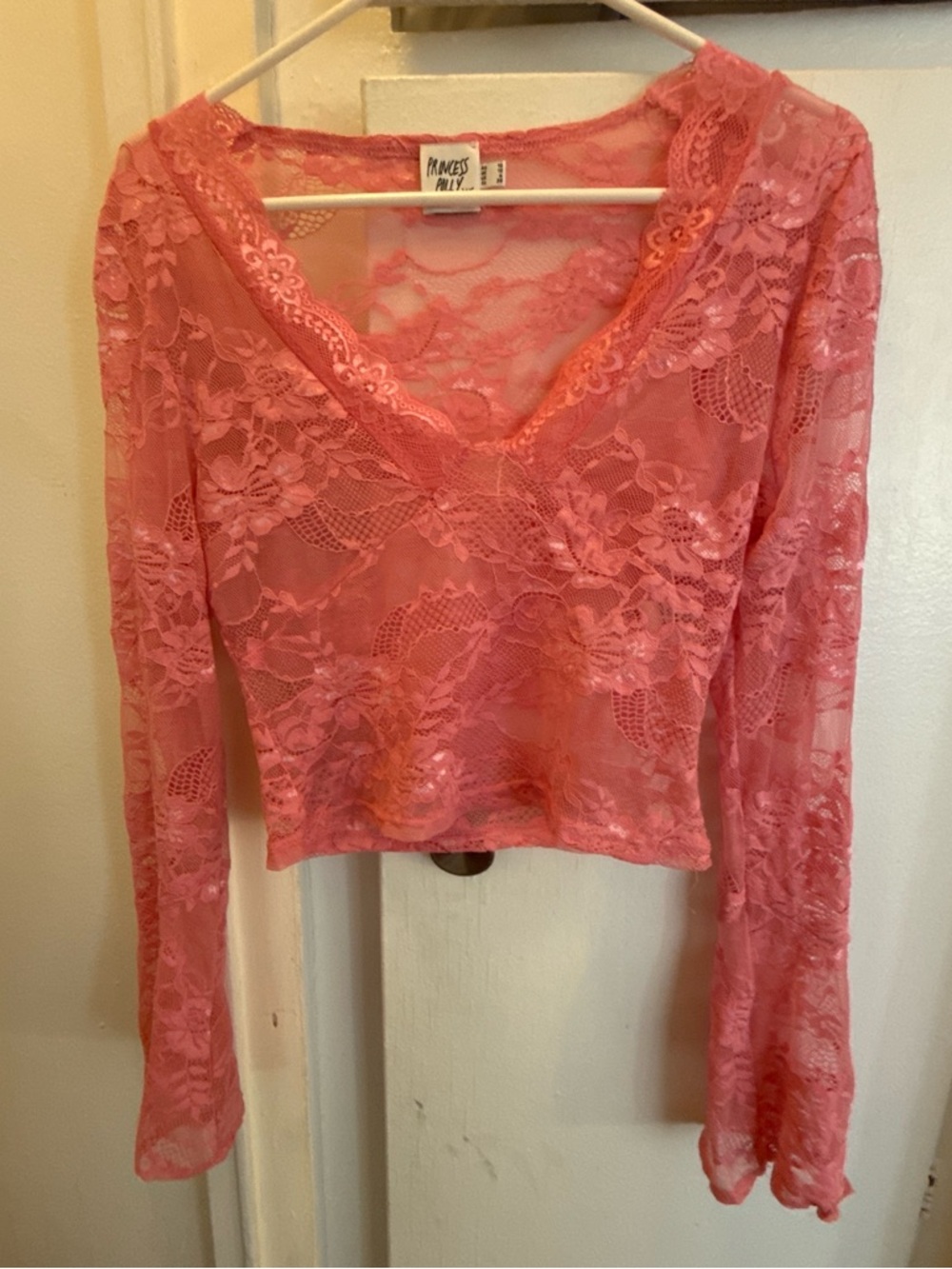 Princess Polly Coral Pink Lace Sheer Top